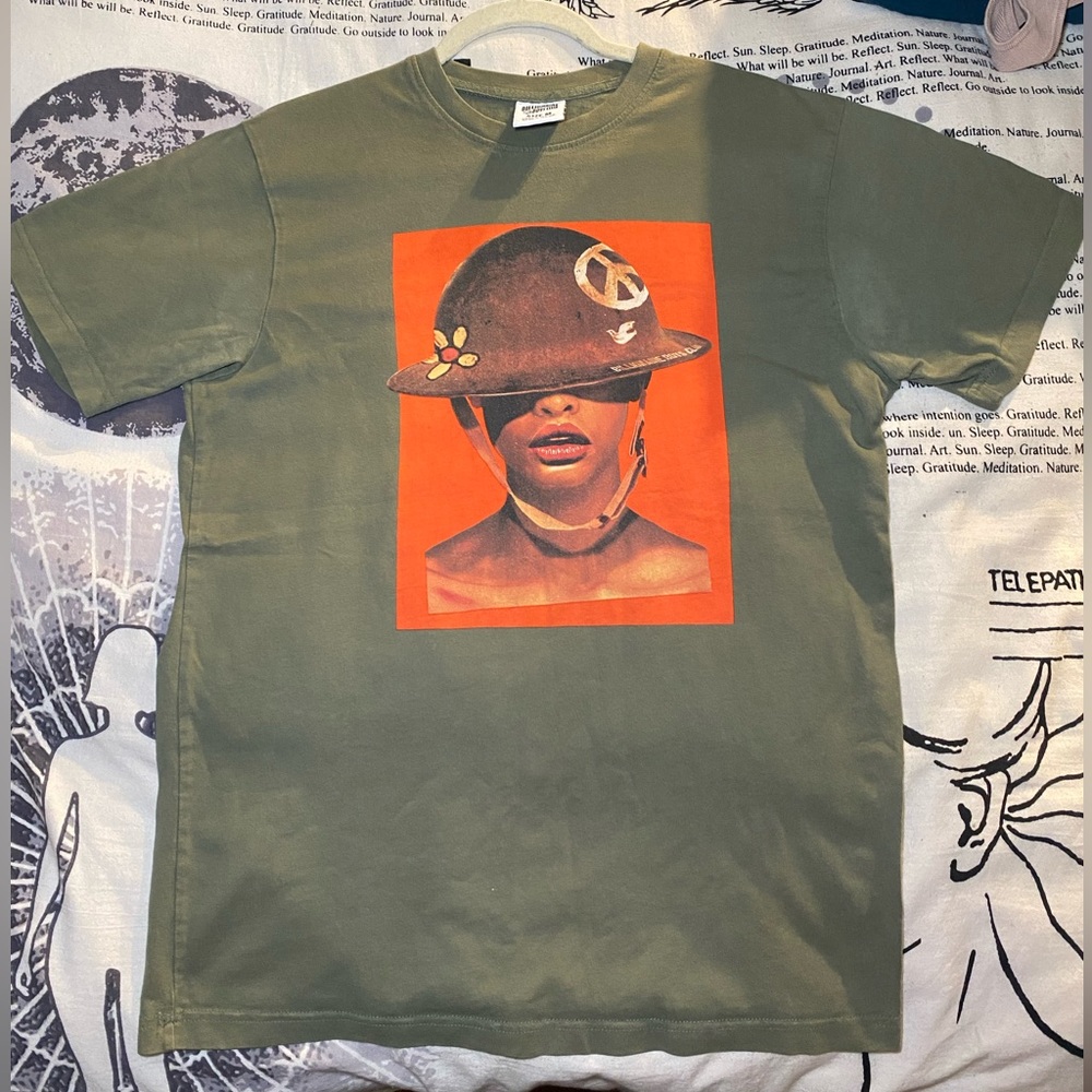 Billionaire boys club girl with peace sign solider helmet graphic tee
